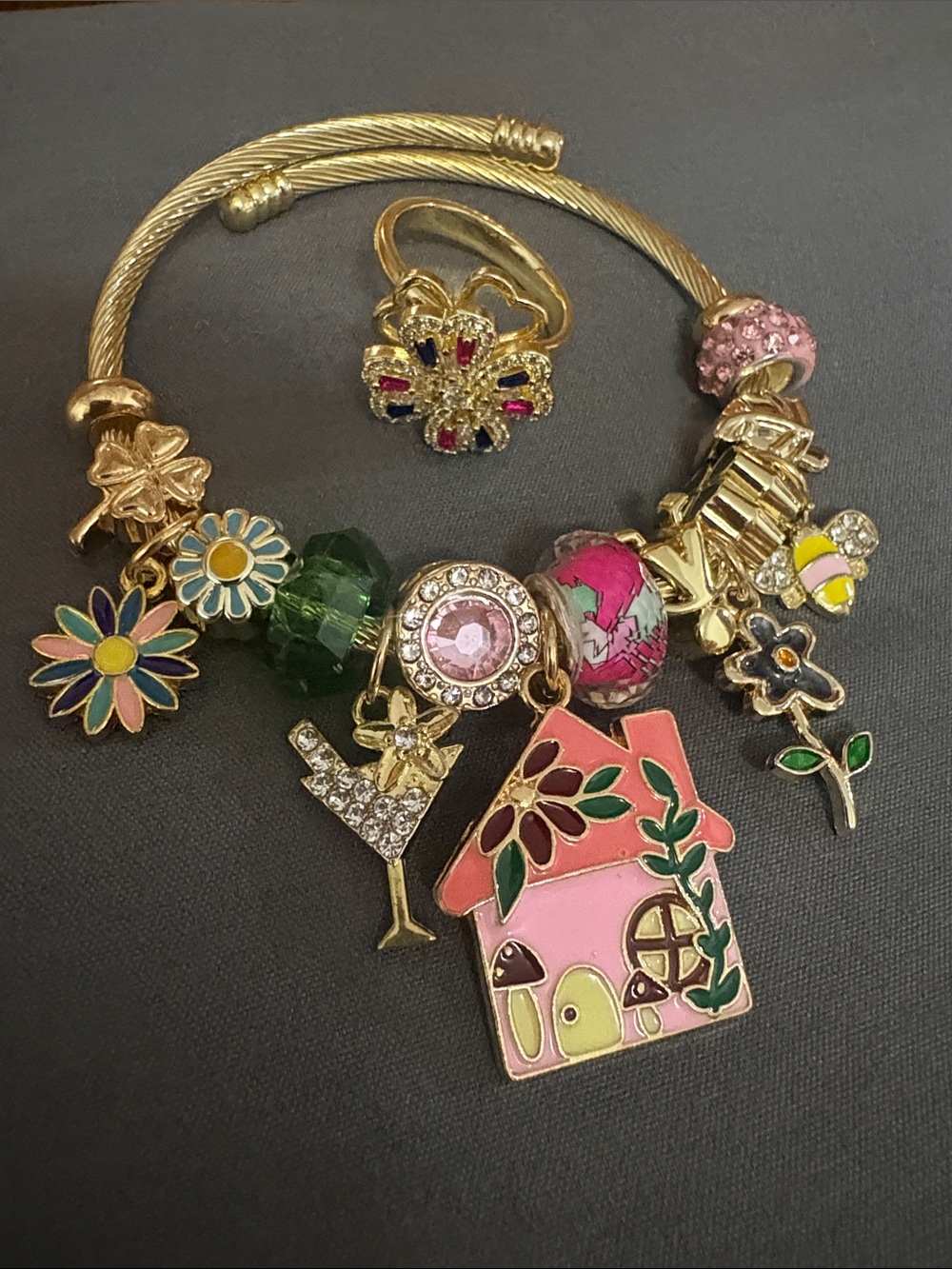 Gold-Tone Pink Enamel House Charm Bangle Bracelet & Ring set